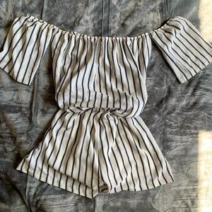 Cute White striped Off the Shoulder Romper
